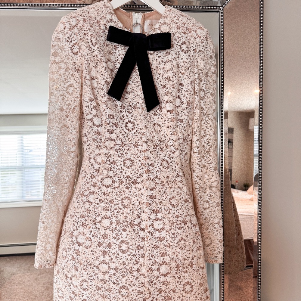Bronx and Banco Cream Lace Long Sleeve Dress with Black Bow